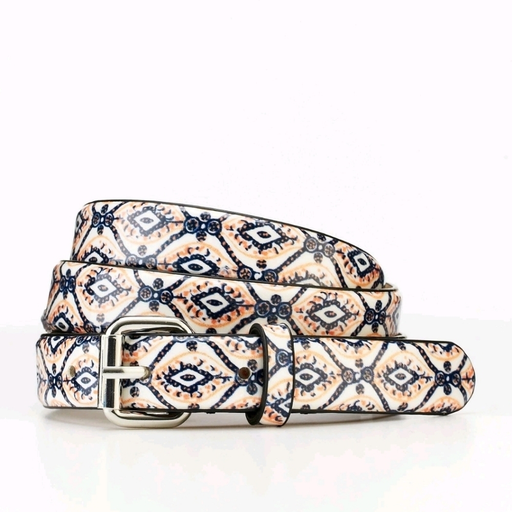 ANN TAYLOR | Medallion Print Perfect Patent Skinny Belt Orange Blue Sz S